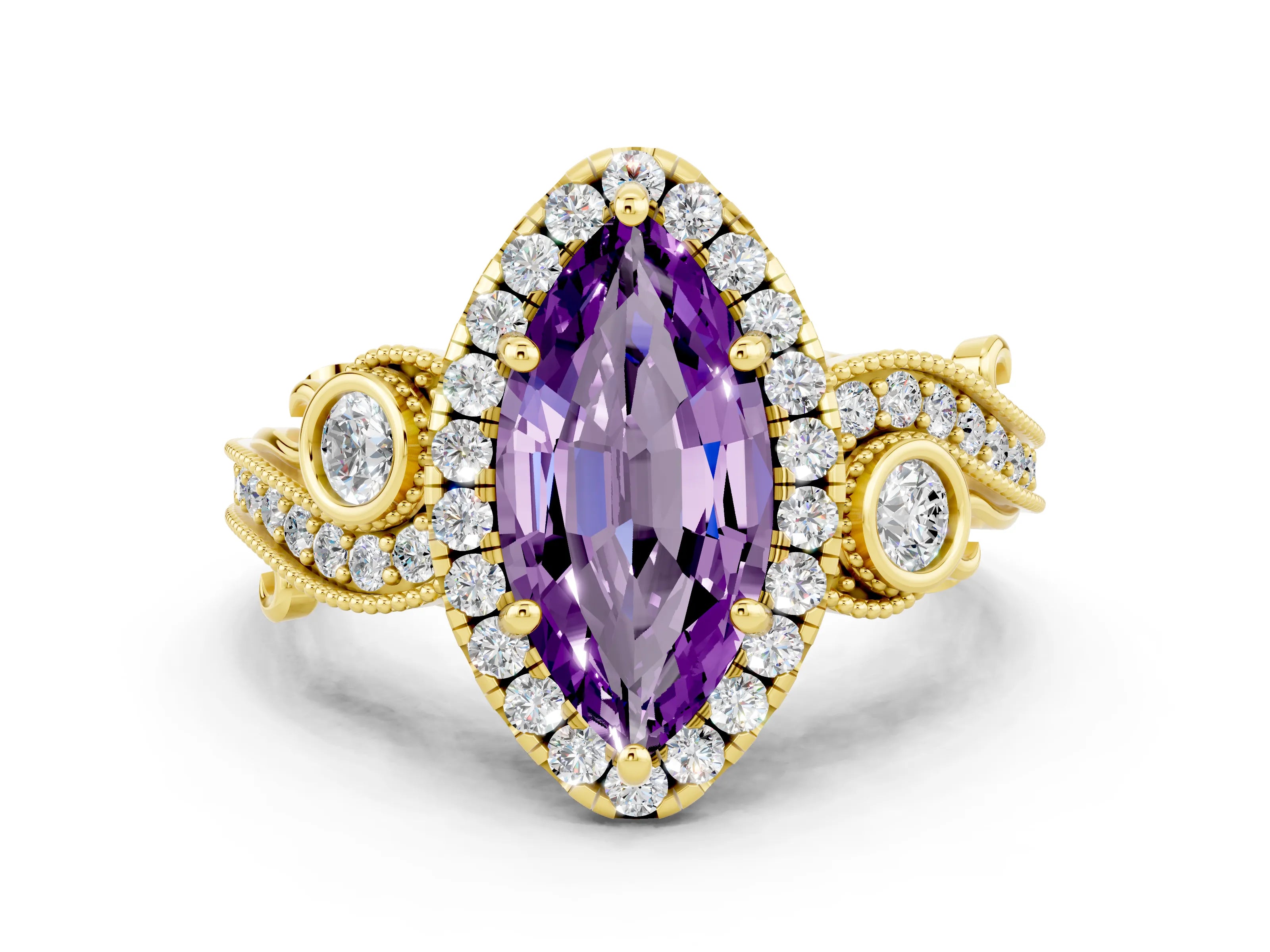 Yellow gold Marquise Cut Amethyst Halo Ring with Milgrain Pavé Band and Four-Prong Setting_12