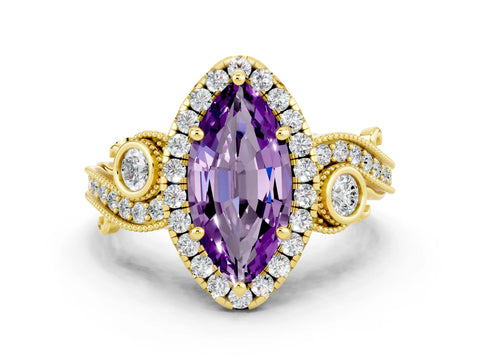 Yellow gold Marquise Cut Amethyst Halo Ring with Milgrain Pavé Band and Four-Prong Setting_12
