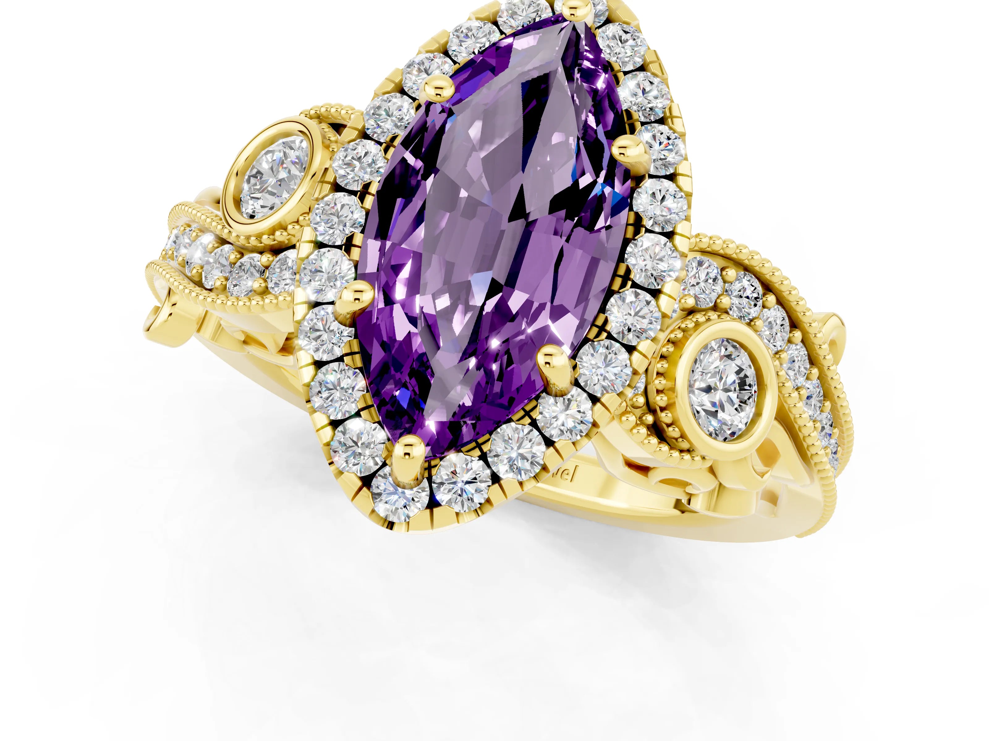 Yellow gold Marquise Cut Amethyst Halo Ring with Milgrain Pavé Band and Four-Prong Setting_13