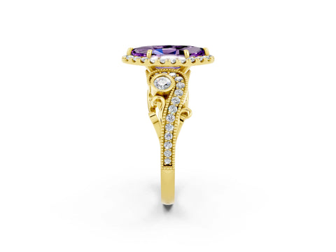 Yellow gold Marquise Cut Amethyst Halo Ring with Milgrain Pavé Band and Four-Prong Setting_14