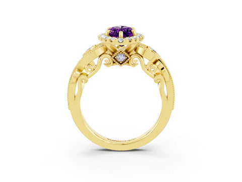 Yellow gold Marquise Cut Amethyst Halo Ring with Milgrain Pavé Band and Four-Prong Setting_15