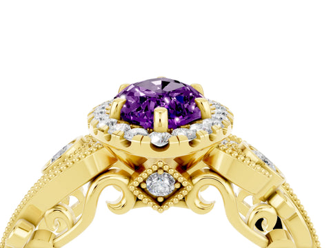 Yellow gold Marquise Cut Amethyst Halo Ring with Milgrain Pavé Band and Four-Prong Setting_16