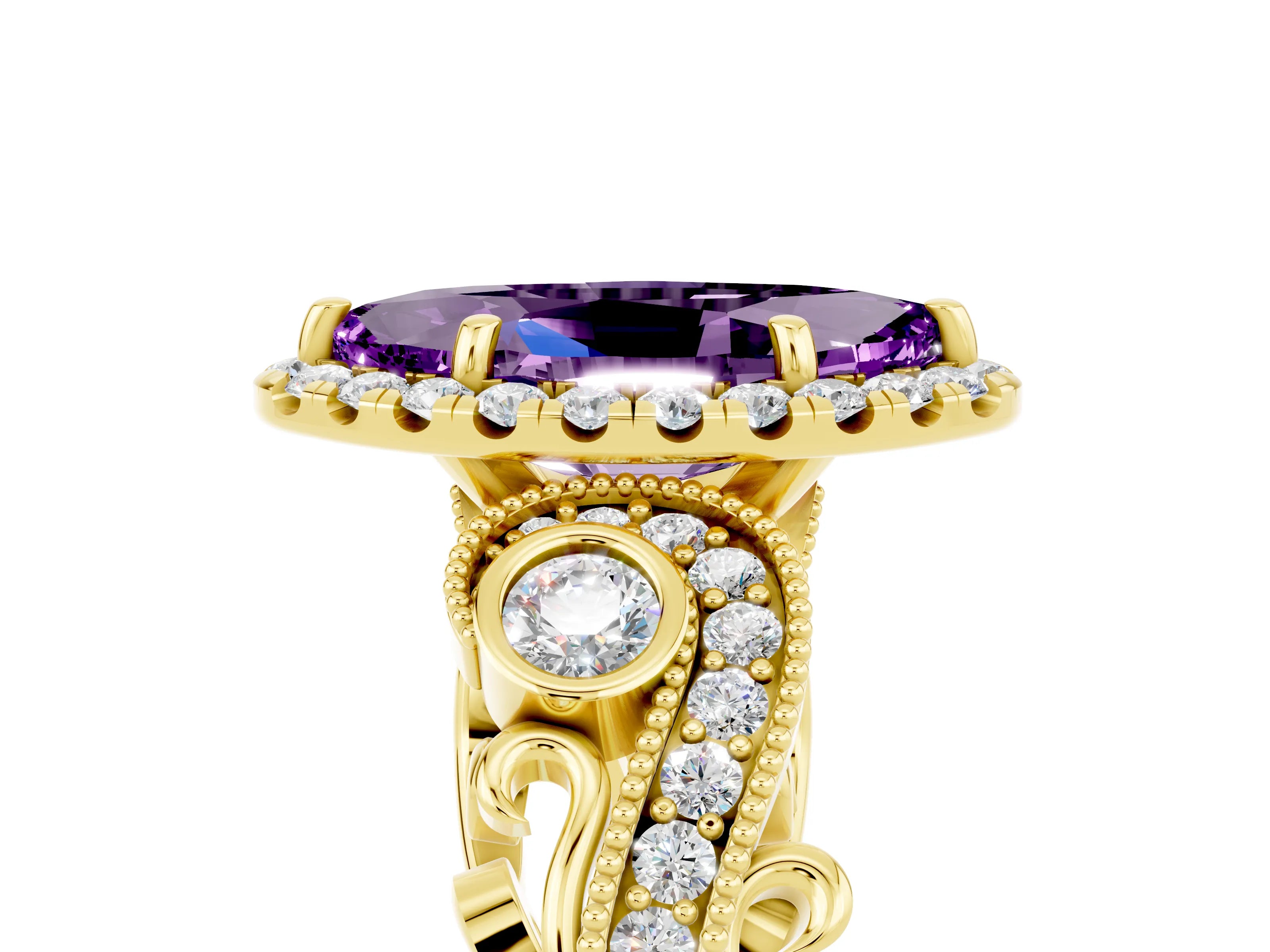Yellow gold Marquise Cut Amethyst Halo Ring with Milgrain Pavé Band and Four-Prong Setting_17