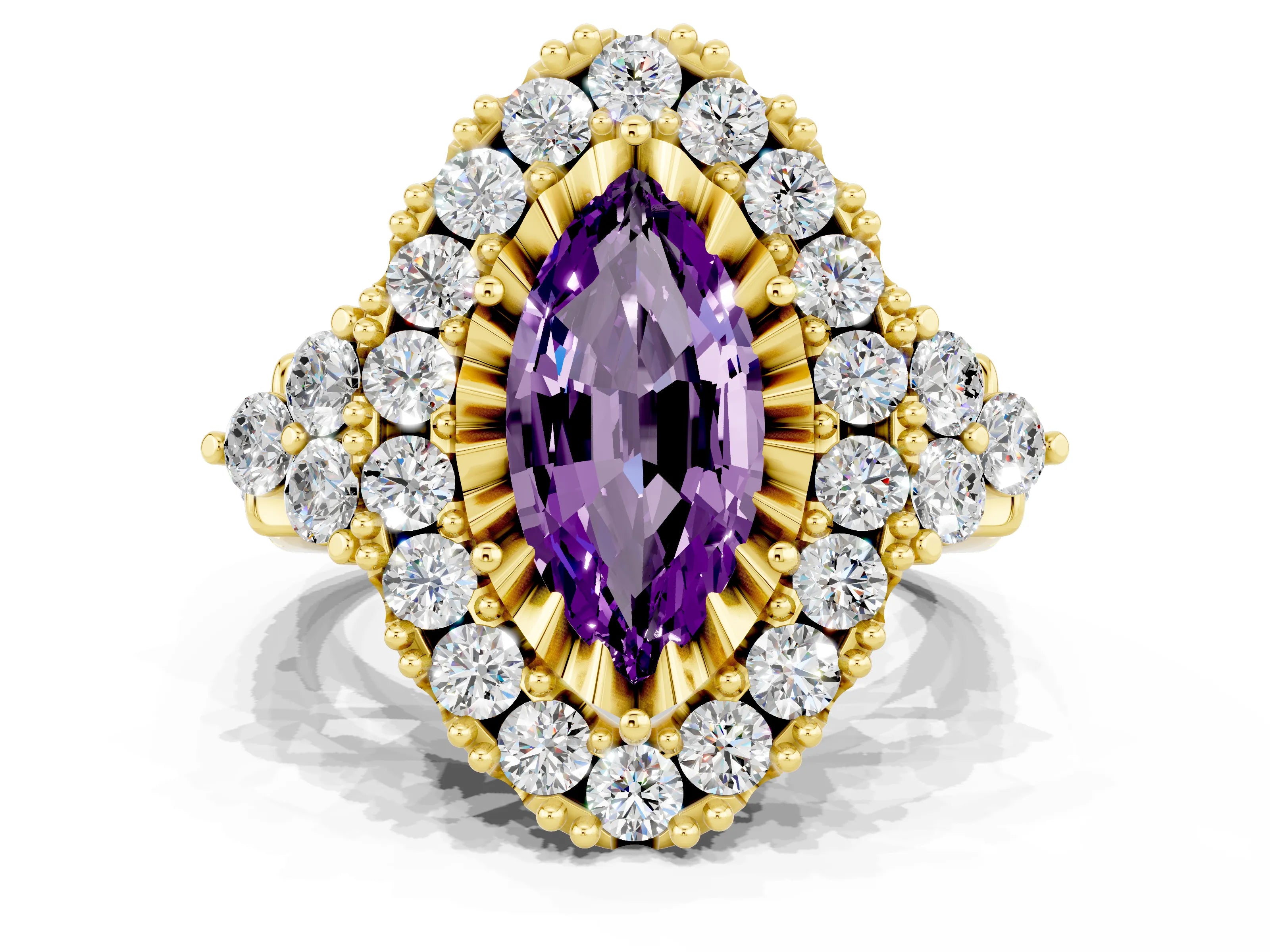 Yellow gold Marquise Cut Amethyst Halo Ring with Pavé Band and Four-Prong Setting_12