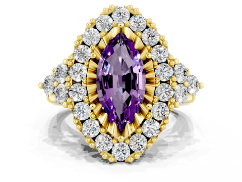 Yellow gold Marquise Cut Amethyst Halo Ring with Pavé Band and Four-Prong Setting_12