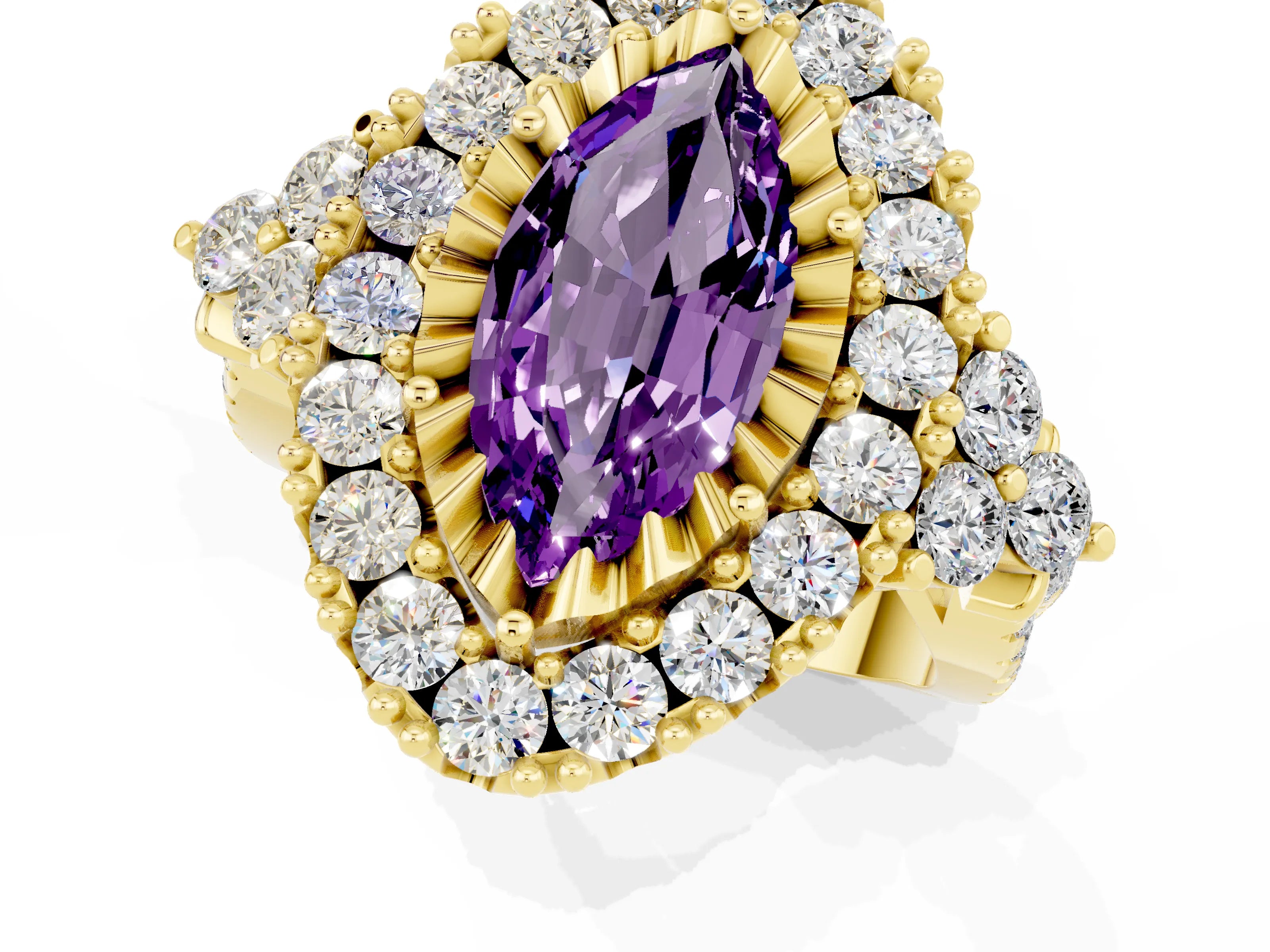 Yellow gold Marquise Cut Amethyst Halo Ring with Pavé Band and Four-Prong Setting_13