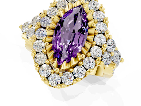 Yellow gold Marquise Cut Amethyst Halo Ring with Pavé Band and Four-Prong Setting_13