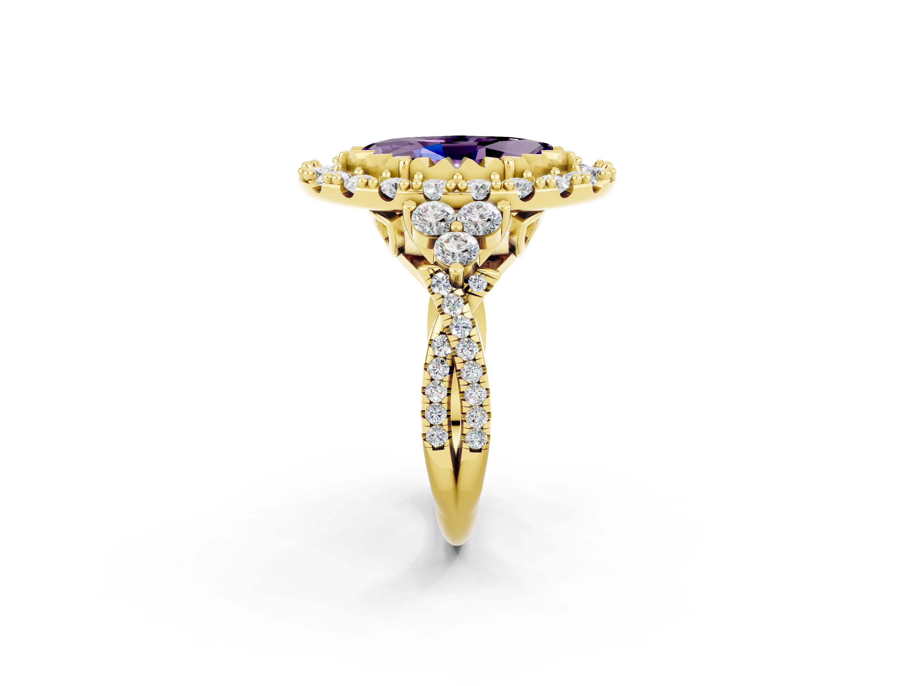 Yellow gold Marquise Cut Amethyst Halo Ring with Pavé Band and Four-Prong Setting_14