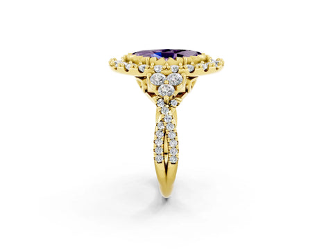 Yellow gold Marquise Cut Amethyst Halo Ring with Pavé Band and Four-Prong Setting_14