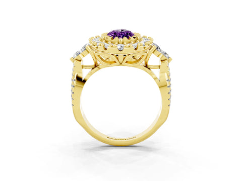 Yellow gold Marquise Cut Amethyst Halo Ring with Pavé Band and Four-Prong Setting_15