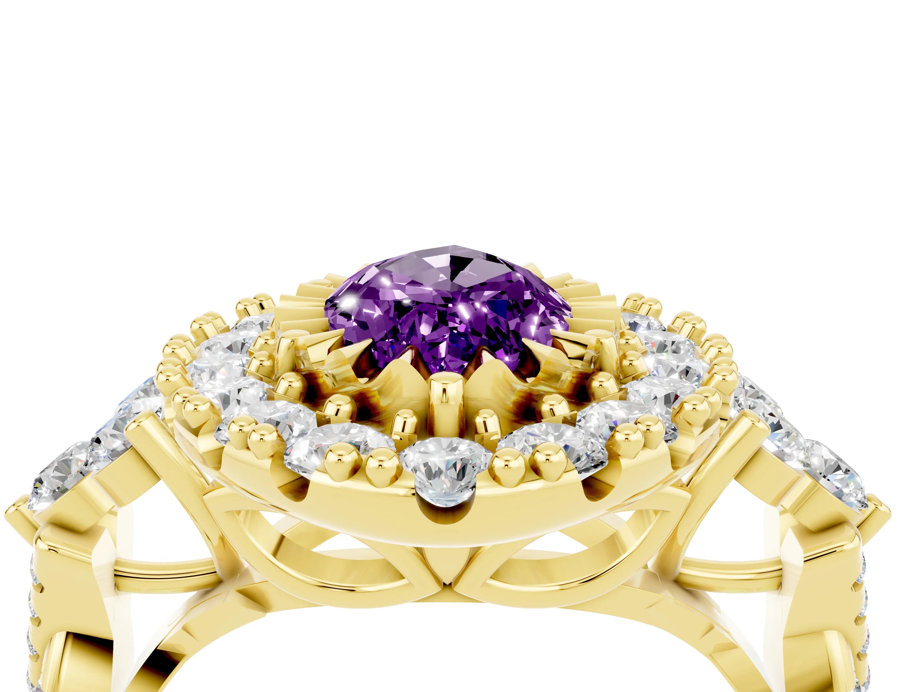 Yellow gold Marquise Cut Amethyst Halo Ring with Pavé Band and Four-Prong Setting_16