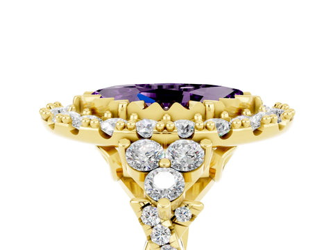 Yellow gold Marquise Cut Amethyst Halo Ring with Pavé Band and Four-Prong Setting_17