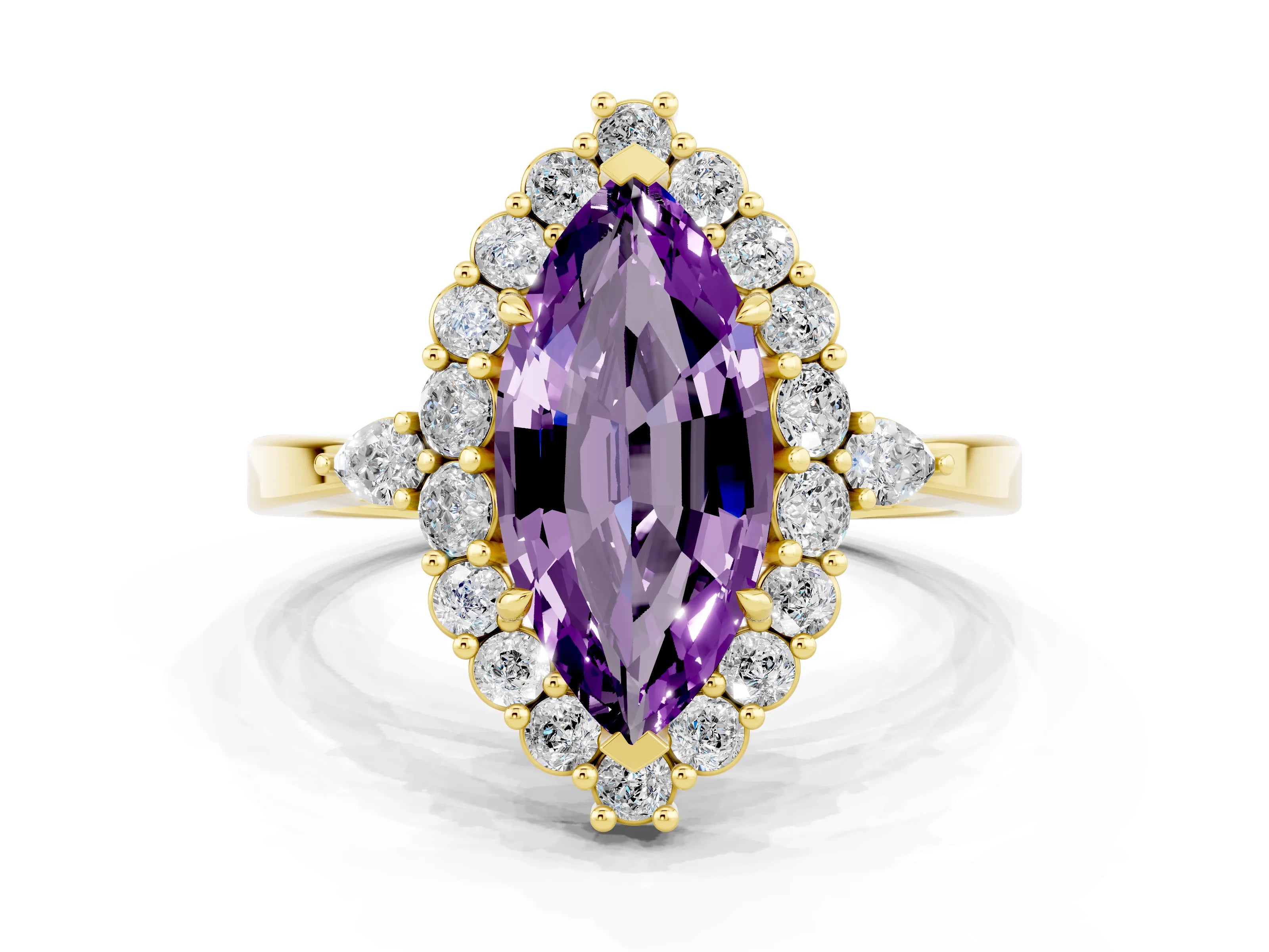 Yellow gold Marquise Cut Amethyst Halo Ring with Pear Side Stones and Prong Setting_12