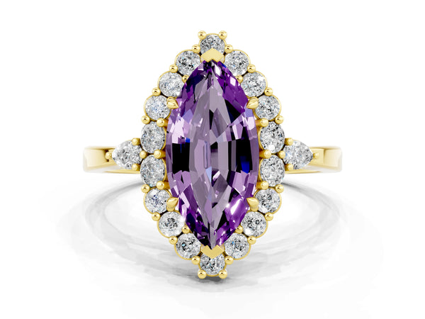 Yellow gold Marquise Cut Amethyst Halo Ring with Pear Side Stones and Prong Setting