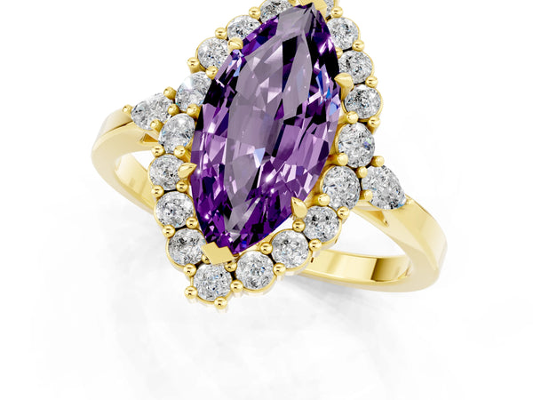 Yellow gold Marquise Cut Amethyst Halo Ring with Pear Side Stones and Prong Setting