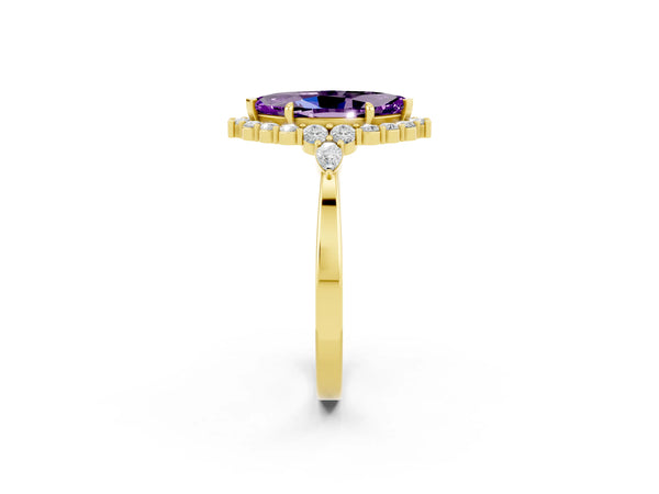 Yellow gold Marquise Cut Amethyst Halo Ring with Pear Side Stones and Prong Setting