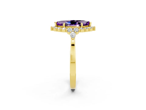 Yellow gold Marquise Cut Amethyst Halo Ring with Pear Side Stones and Prong Setting_14