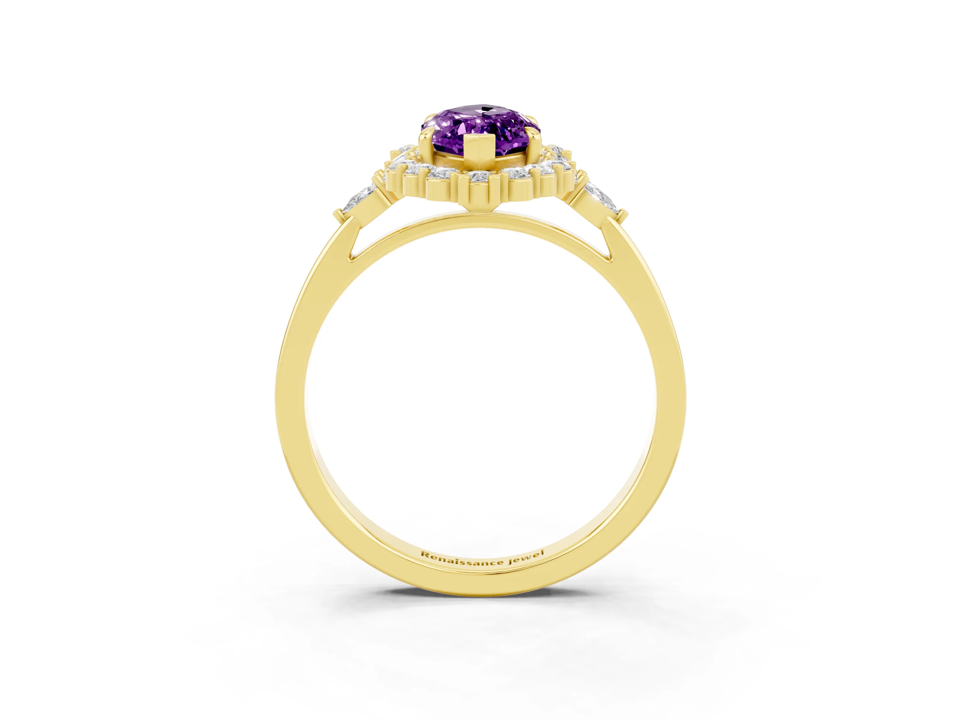 Yellow gold Marquise Cut Amethyst Halo Ring with Pear Side Stones and Prong Setting_15