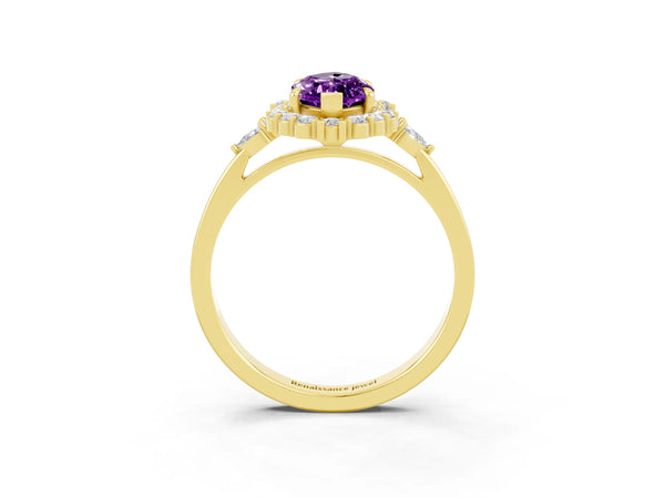Yellow gold Marquise Cut Amethyst Halo Ring with Pear Side Stones and Prong Setting