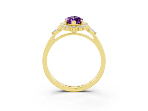 Yellow gold Marquise Cut Amethyst Halo Ring with Pear Side Stones and Prong Setting_15