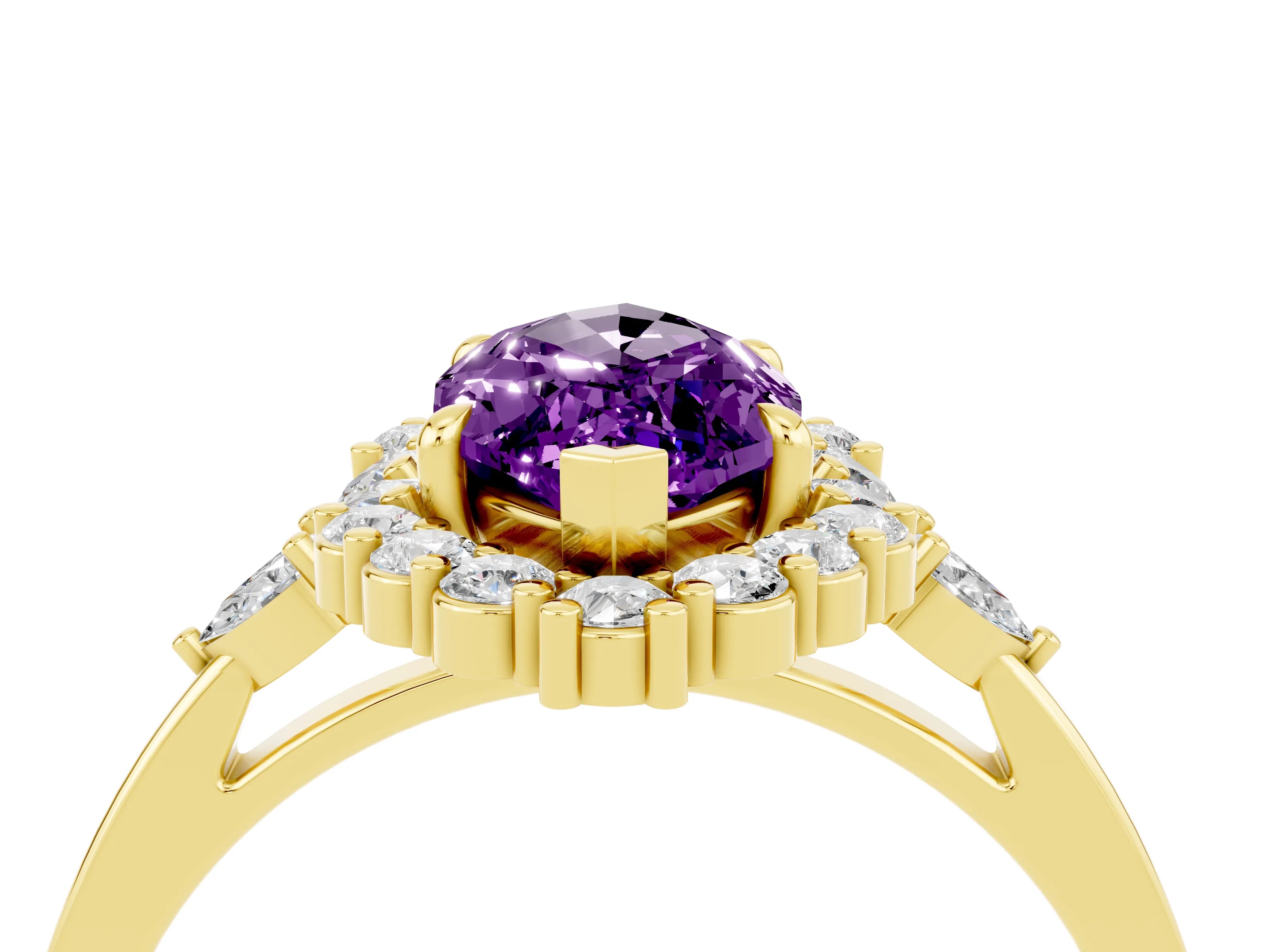 Yellow gold Marquise Cut Amethyst Halo Ring with Pear Side Stones and Prong Setting_16