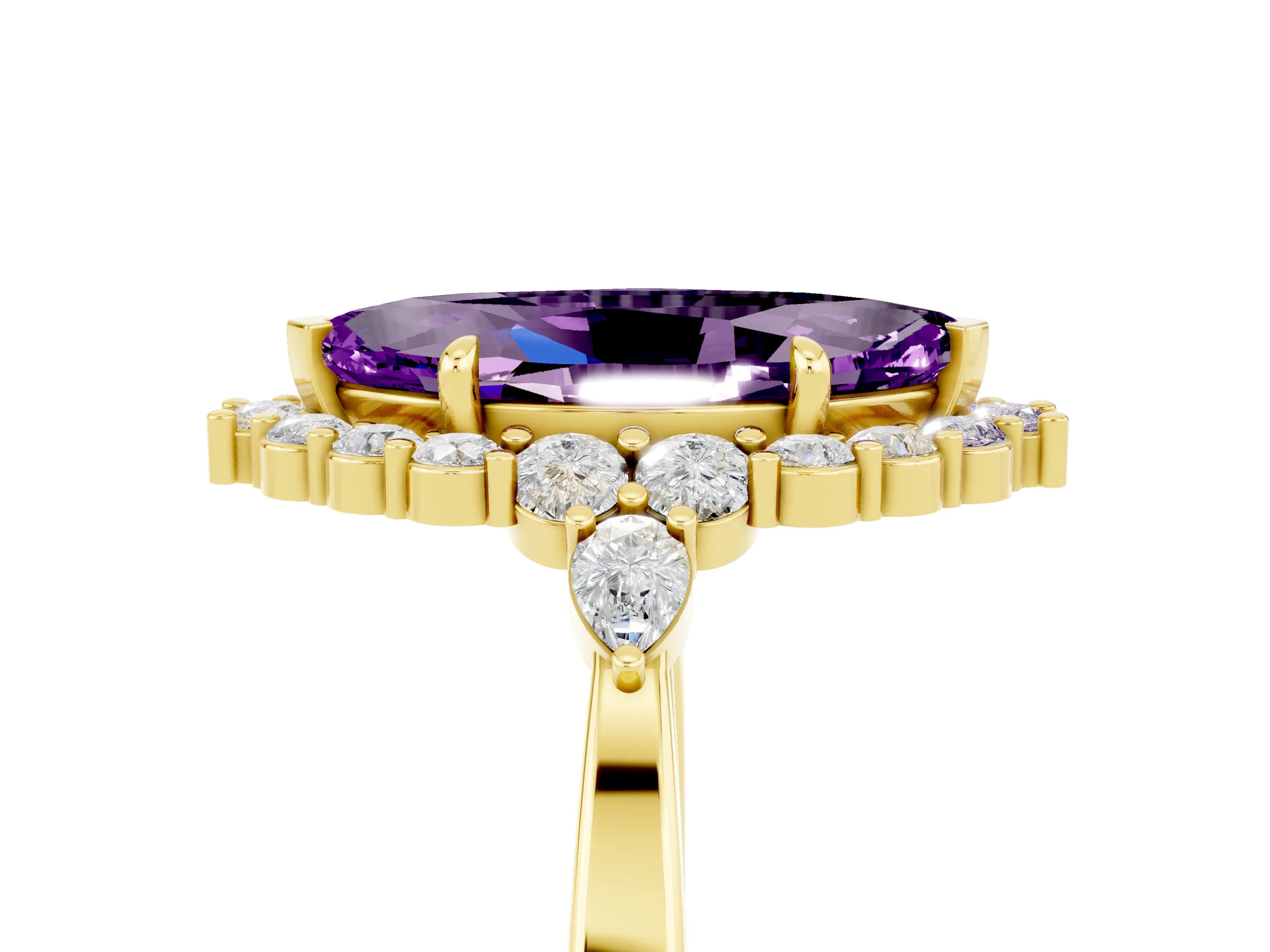 Yellow gold Marquise Cut Amethyst Halo Ring with Pear Side Stones and Prong Setting_17