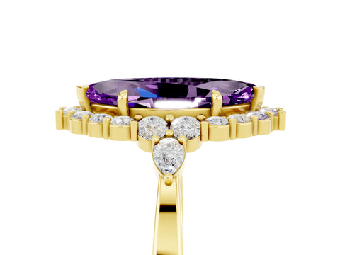 Yellow gold Marquise Cut Amethyst Halo Ring with Pear Side Stones and Prong Setting_17