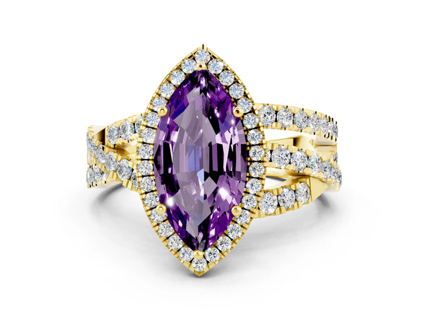 Yellow gold Marquise Cut Amethyst Halo Ring with Round Split Shank and Prong Setting
