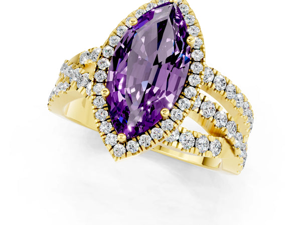 Yellow gold Marquise Cut Amethyst Halo Ring with Round Split Shank and Prong Setting