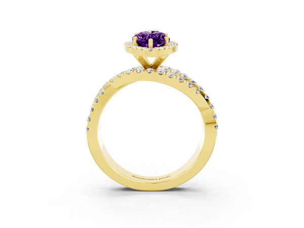 Yellow gold Marquise Cut Amethyst Halo Ring with Round Split Shank and Prong Setting