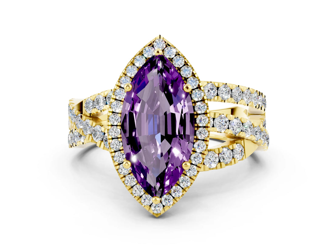 Yellow gold Marquise Cut Amethyst Halo Ring with Round Split Shank and Prong Setting_48