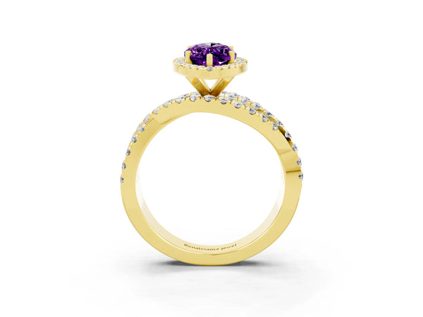 Yellow Gold Marquise Amethyst Halo Engagement Ring with Twisted Pave Split Shank