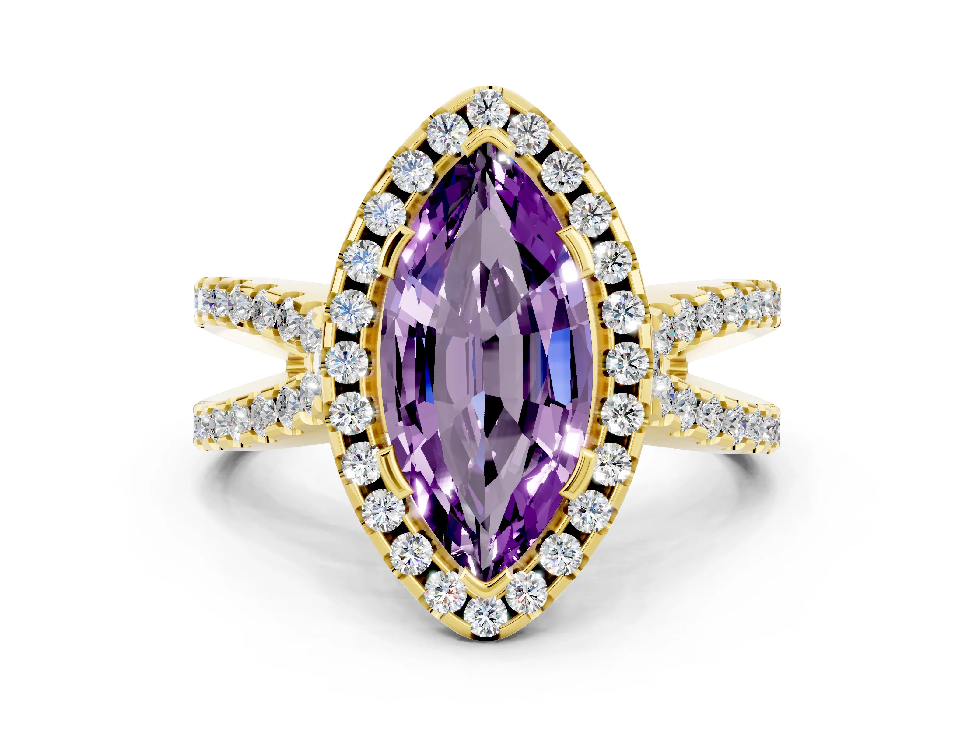 Yellow gold Marquise Cut Amethyst Halo Ring with Split Shank Pavé Band and Prong Setting