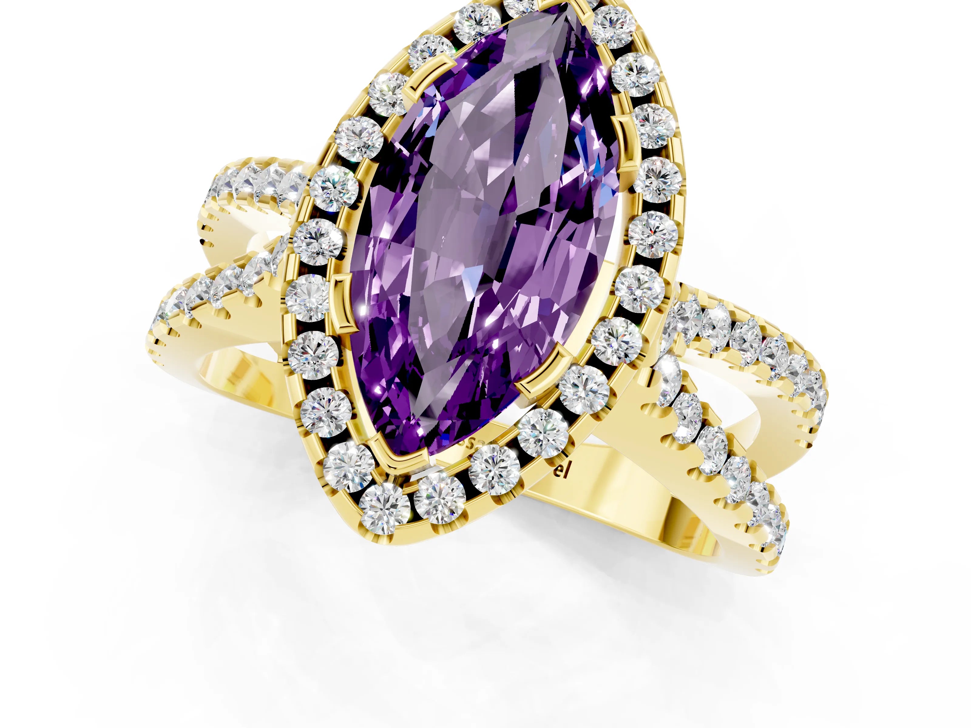 Yellow gold Marquise Cut Amethyst Halo Ring with Split Shank Pavé Band and Prong Setting_1