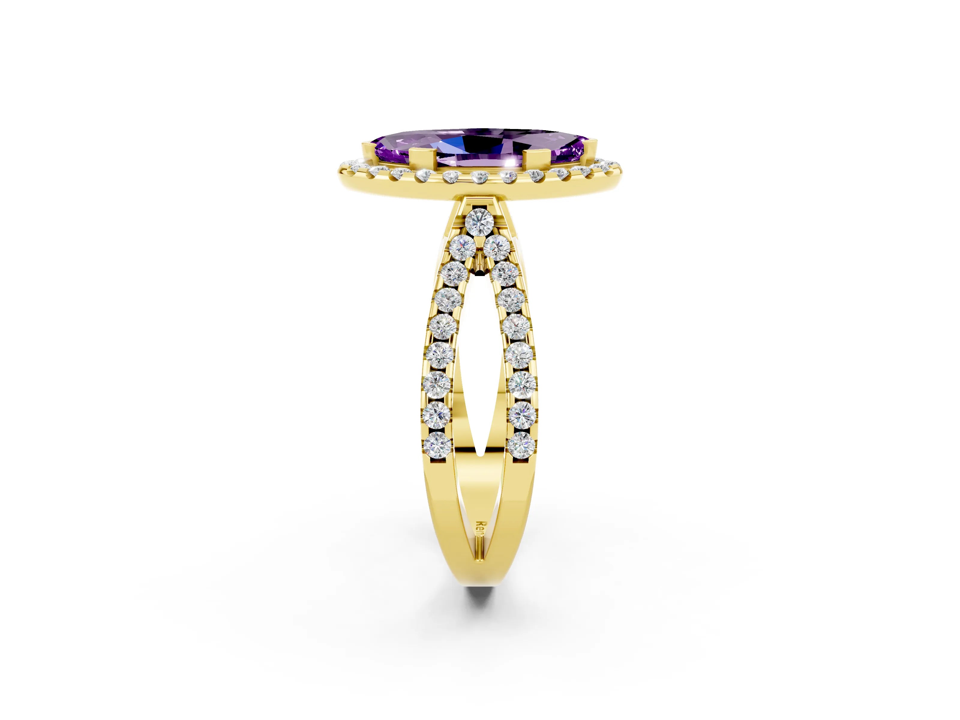 Yellow gold Marquise Cut Amethyst Halo Ring with Split Shank Pavé Band and Prong Setting_2