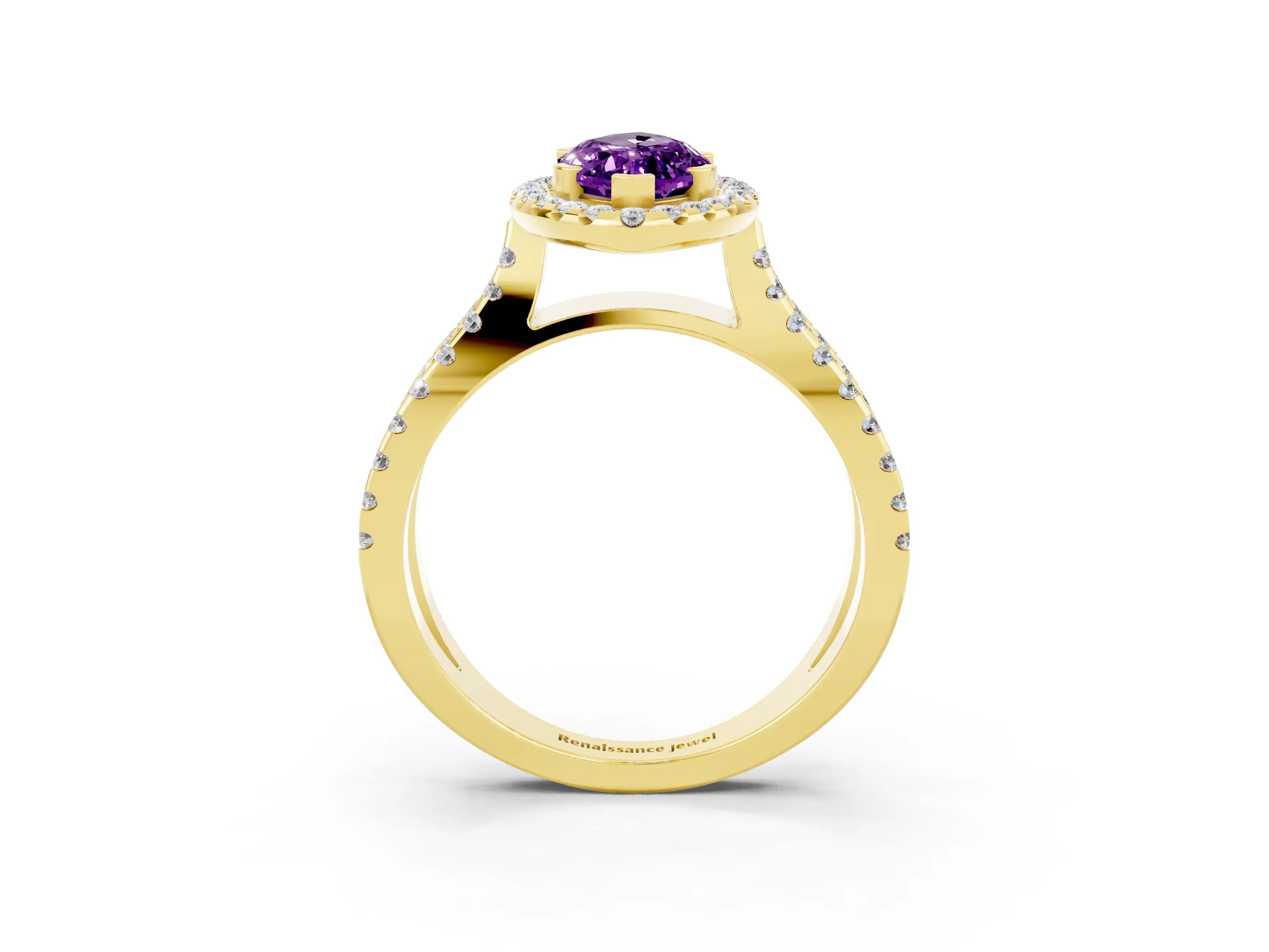Yellow gold Marquise Cut Amethyst Halo Ring with Split Shank Pavé Band and Prong Setting_3