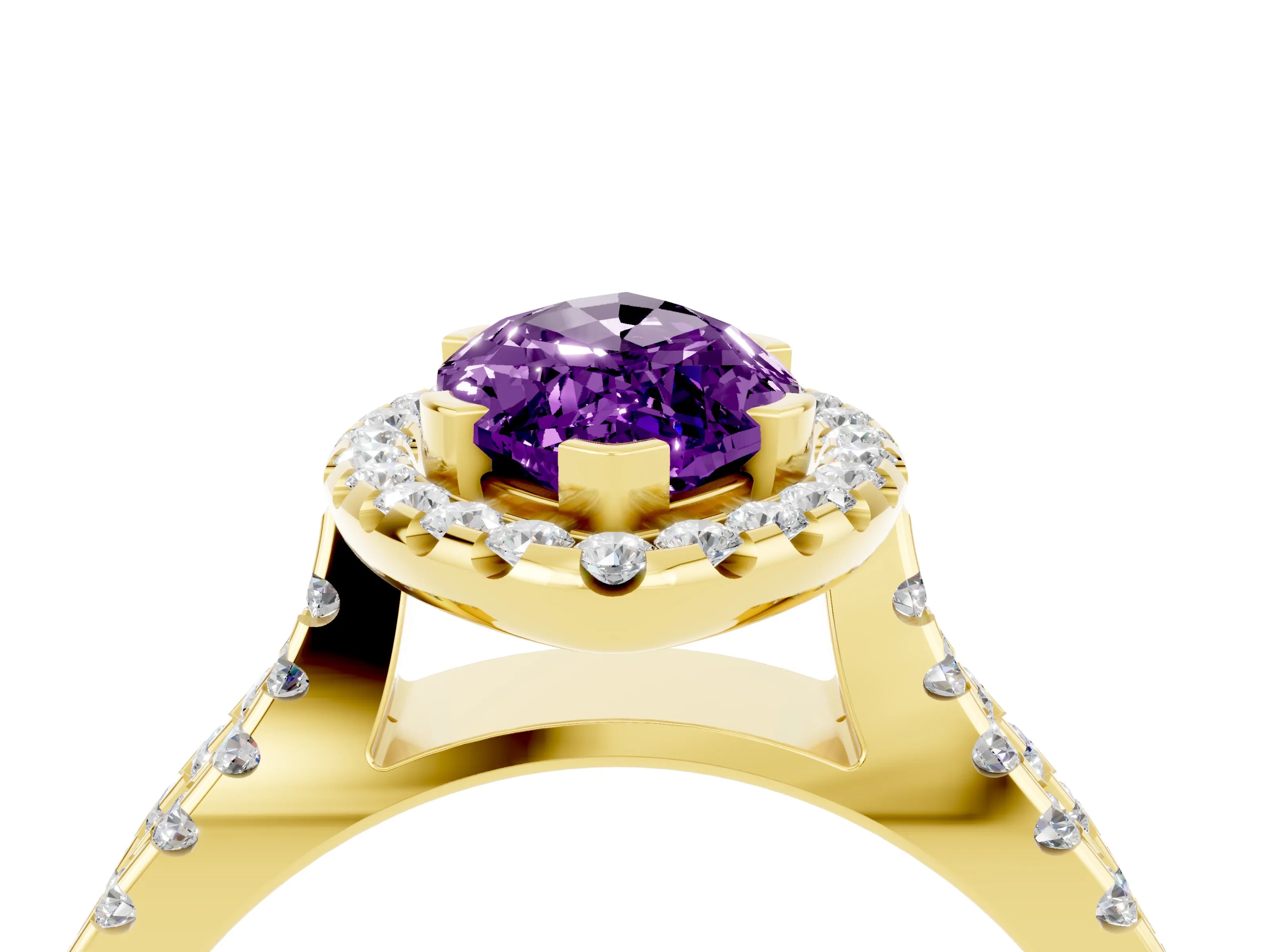 Yellow gold Marquise Cut Amethyst Halo Ring with Split Shank Pavé Band and Prong Setting_4