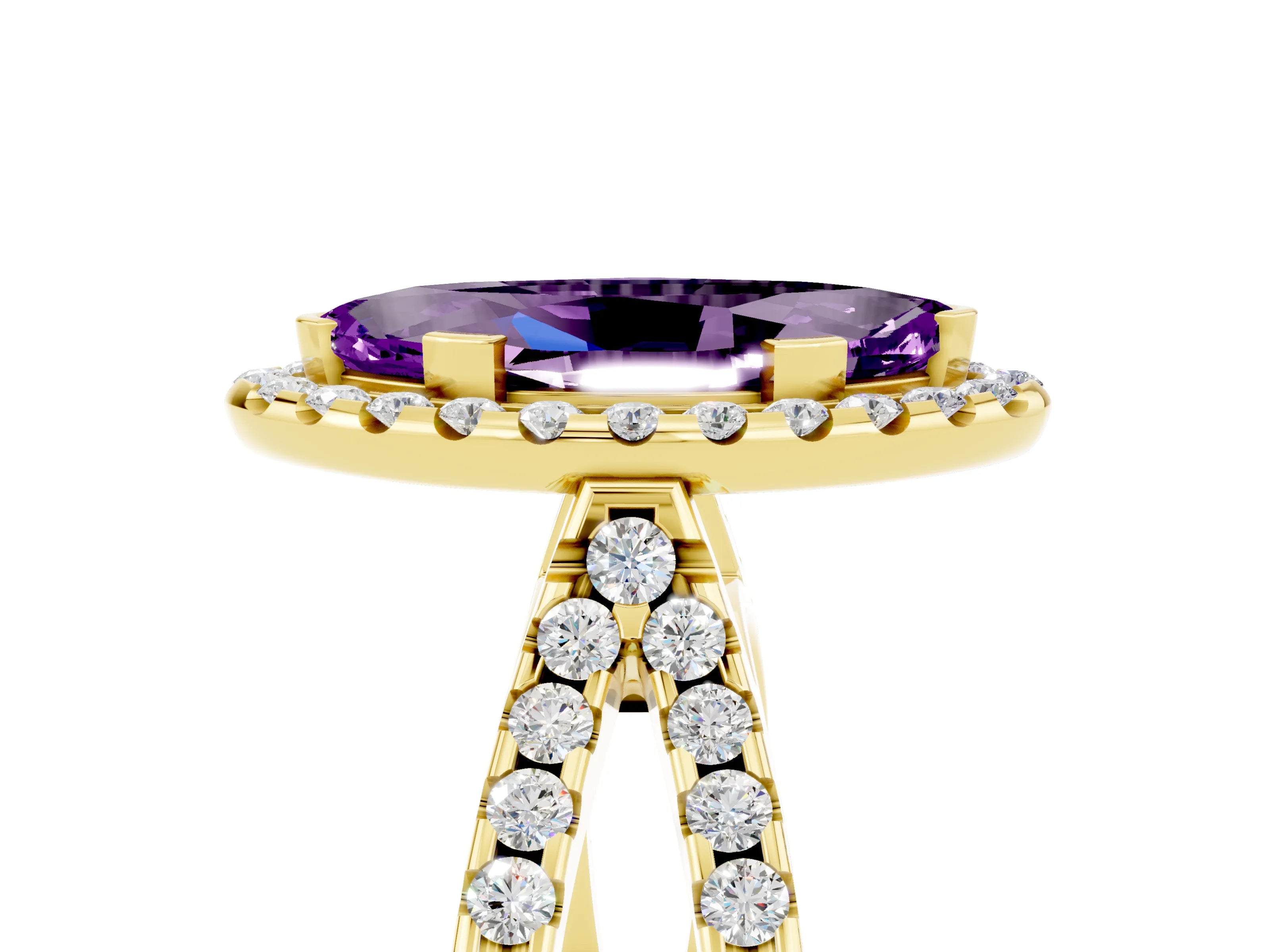 Yellow gold Marquise Cut Amethyst Halo Ring with Split Shank Pavé Band and Prong Setting_5