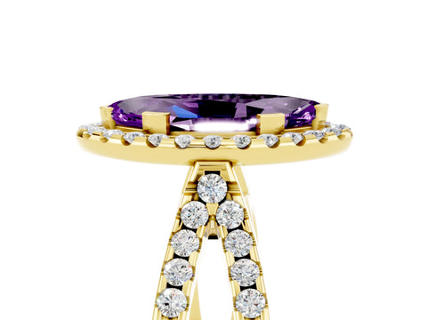 Yellow gold Marquise Cut Amethyst Halo Ring with Split Shank Pavé Band and Prong Setting_5