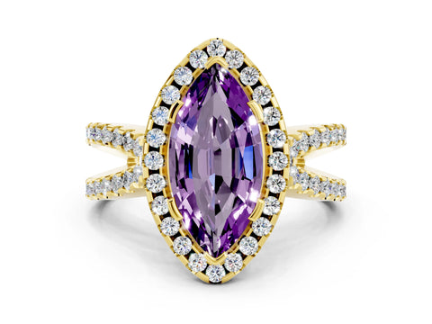 Yellow gold Marquise Cut Amethyst Halo Ring with Split Shank Pavé Band and Prong Setting