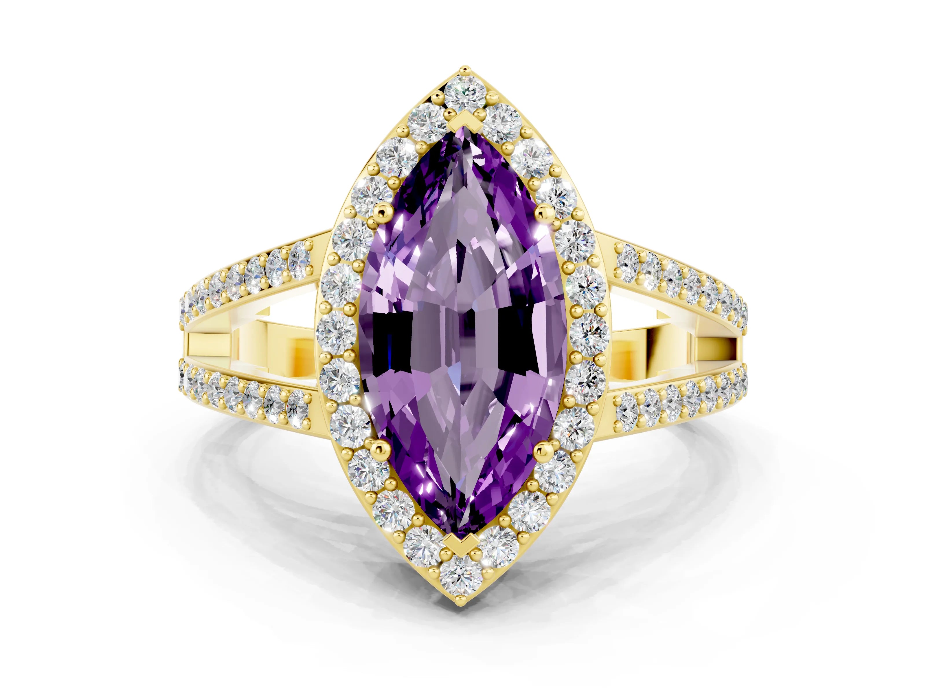 Yellow gold Marquise Cut Amethyst Halo Ring with Split Shank U-Prong Band and Four-Prong Setting