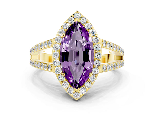 Yellow gold Marquise Cut Amethyst Halo Ring with Split Shank U-Prong Band and Four-Prong Setting