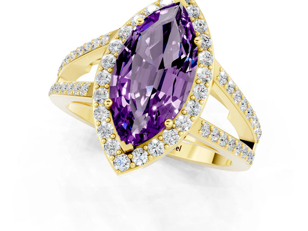 Yellow gold Marquise Cut Amethyst Halo Ring with Split Shank U-Prong Band and Four-Prong Setting