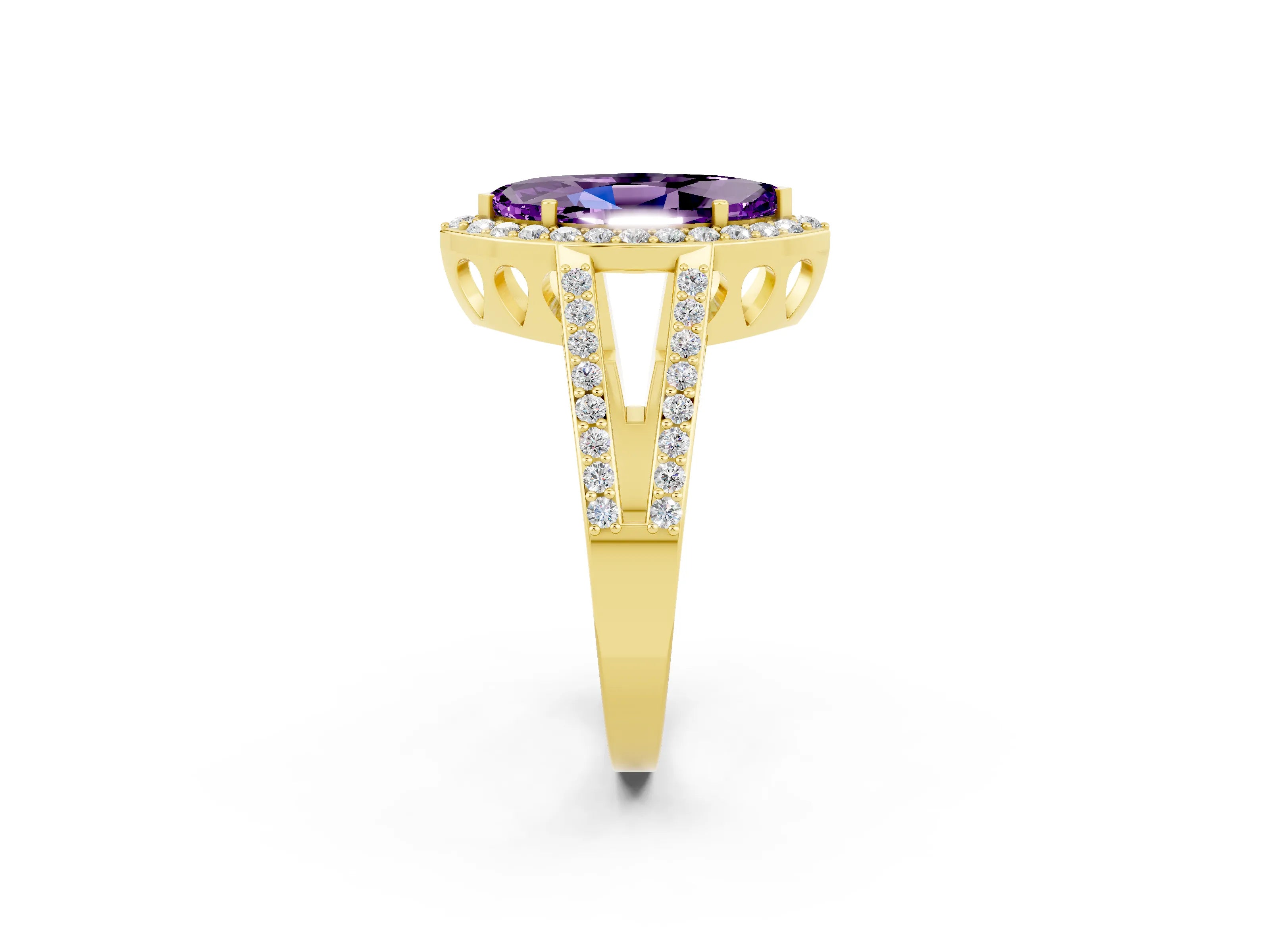 Yellow gold Marquise Cut Amethyst Halo Ring with Split Shank U-Prong Band and Four-Prong Setting_2