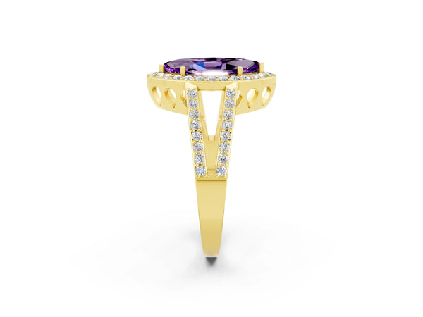 Yellow gold Marquise Cut Amethyst Halo Ring with Split Shank U-Prong Band and Four-Prong Setting