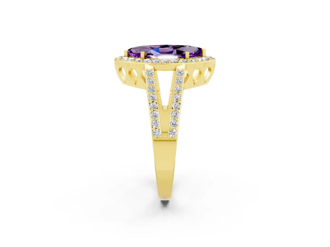 Yellow gold Marquise Cut Amethyst Halo Ring with Split Shank U-Prong Band and Four-Prong Setting_2