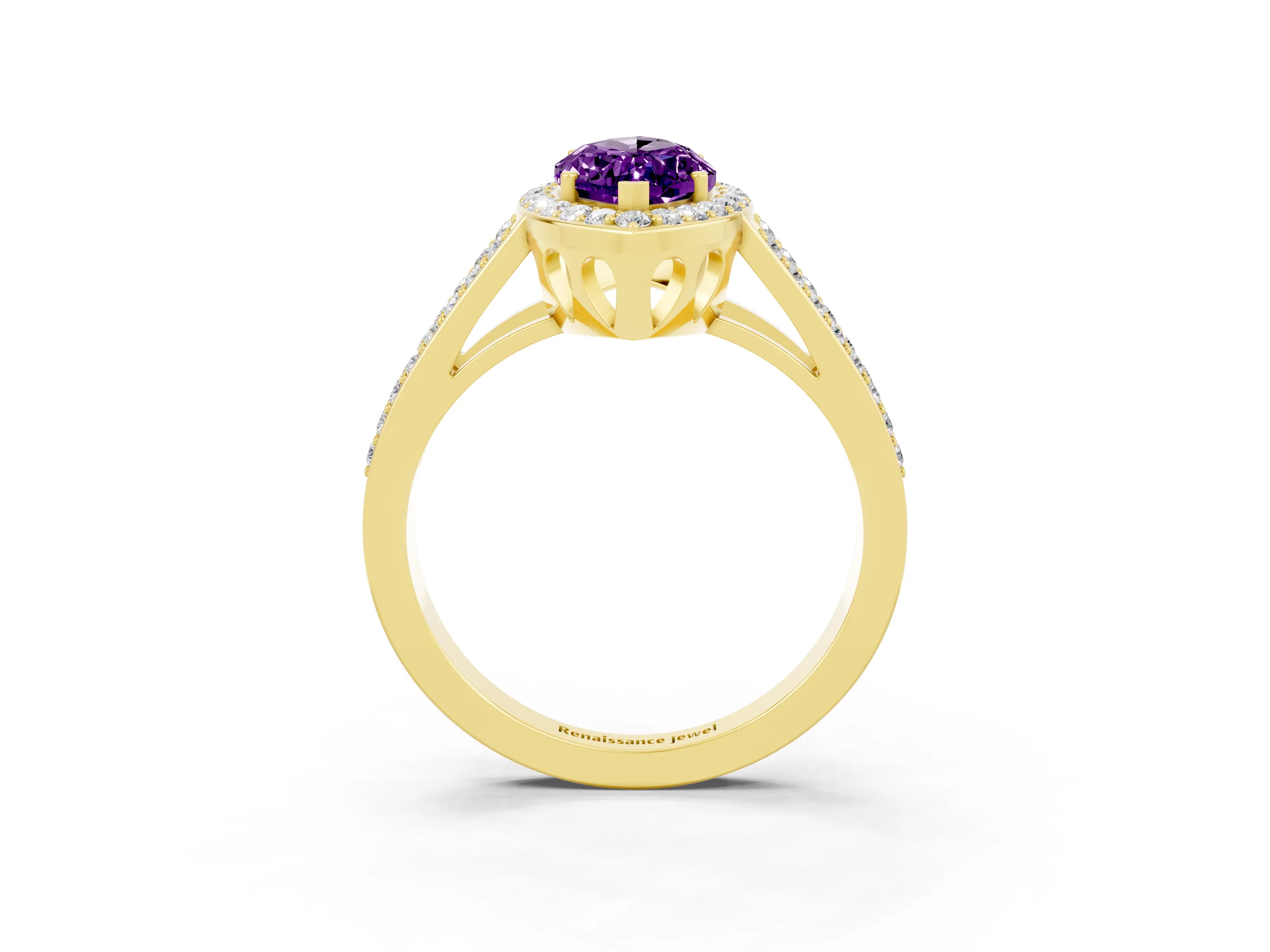 Yellow gold Marquise Cut Amethyst Halo Ring with Split Shank U-Prong Band and Four-Prong Setting_3
