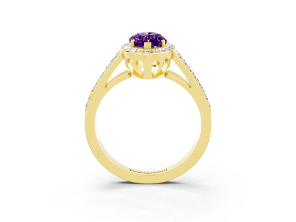 Yellow gold Marquise Cut Amethyst Halo Ring with Split Shank U-Prong Band and Four-Prong Setting