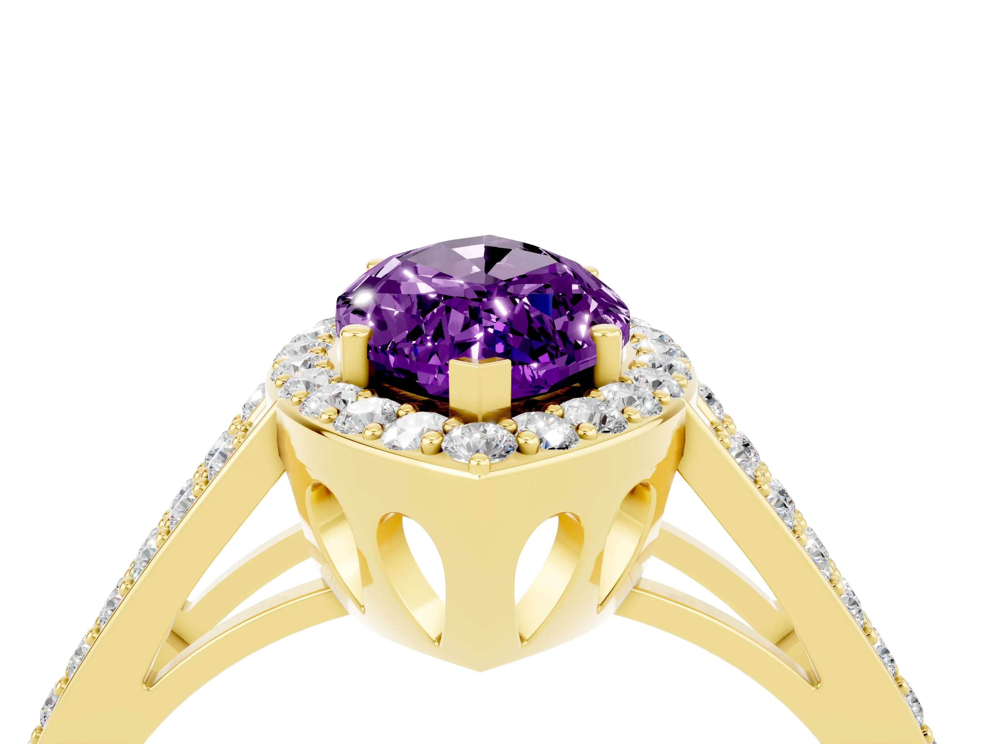 Yellow gold Marquise Cut Amethyst Halo Ring with Split Shank U-Prong Band and Four-Prong Setting_4