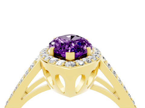 Yellow gold Marquise Cut Amethyst Halo Ring with Split Shank U-Prong Band and Four-Prong Setting_4